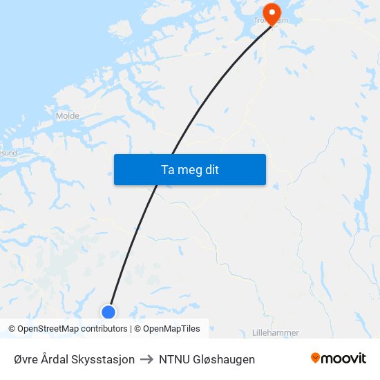 Øvre Årdal Skysstasjon to NTNU Gløshaugen map