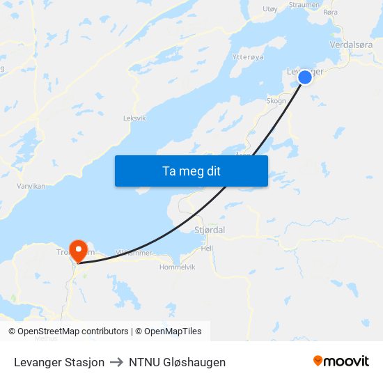 Levanger Stasjon to NTNU Gløshaugen map