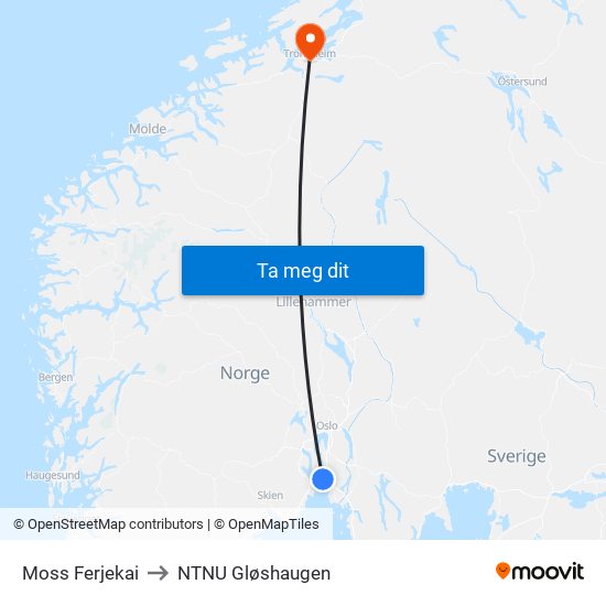 Moss Ferjekai to NTNU Gløshaugen map