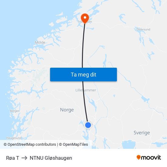 Røa T to NTNU Gløshaugen map