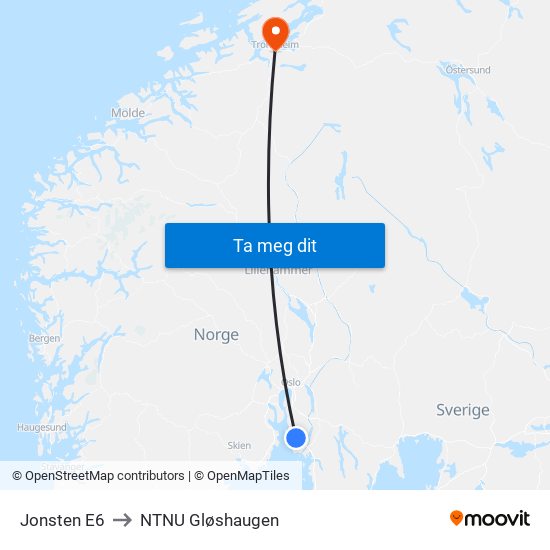 Jonsten E6 to NTNU Gløshaugen map