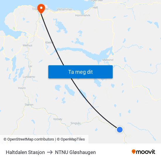 Haltdalen Stasjon to NTNU Gløshaugen map