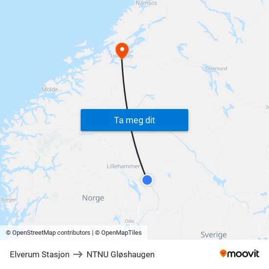 Elverum Stasjon to NTNU Gløshaugen map
