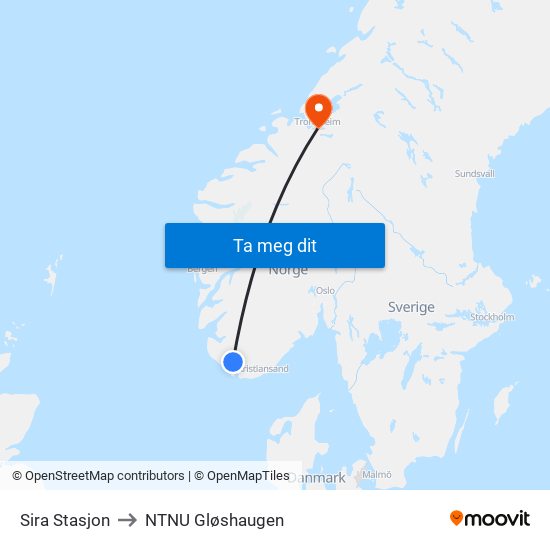 Sira Stasjon to NTNU Gløshaugen map