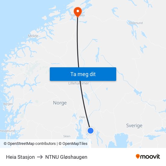 Heia Stasjon to NTNU Gløshaugen map