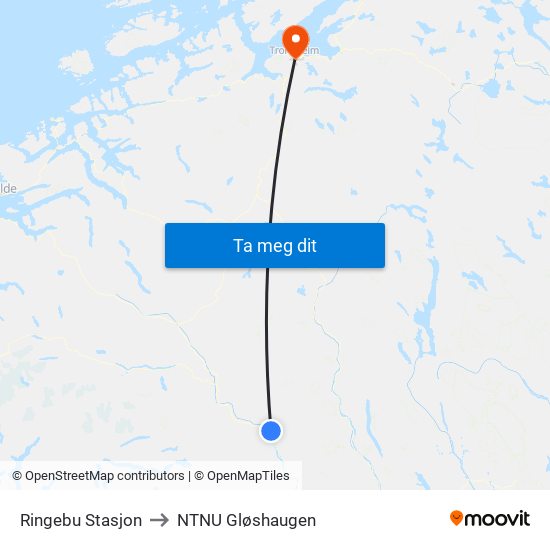 Ringebu Stasjon to NTNU Gløshaugen map