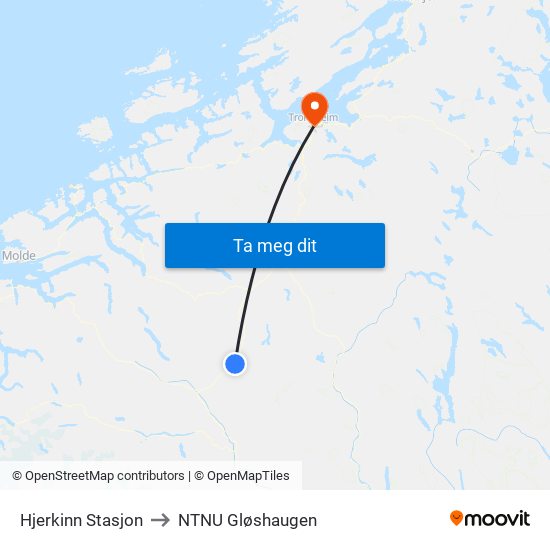 Hjerkinn Stasjon to NTNU Gløshaugen map