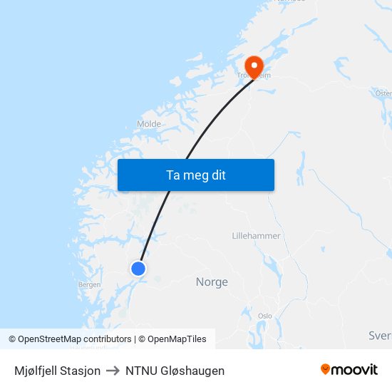 Mjølfjell Stasjon to NTNU Gløshaugen map