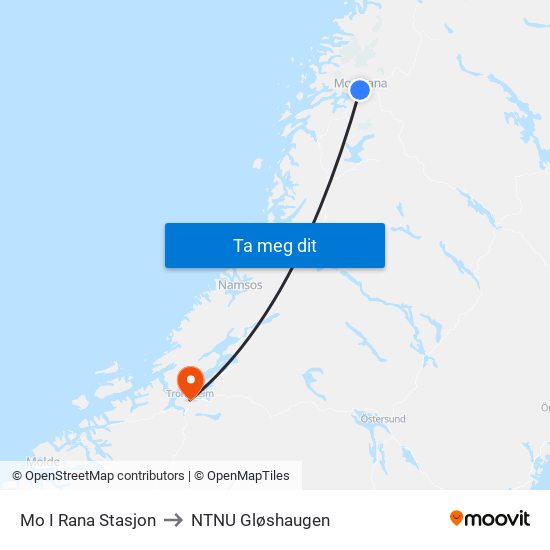 Mo I Rana Stasjon to NTNU Gløshaugen map
