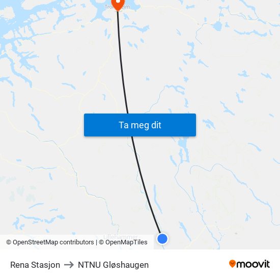 Rena Stasjon to NTNU Gløshaugen map