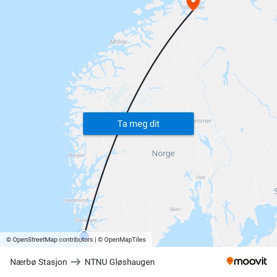 Nærbø Stasjon to NTNU Gløshaugen map