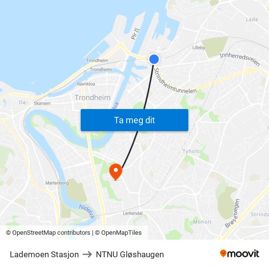 Lademoen Stasjon to NTNU Gløshaugen map