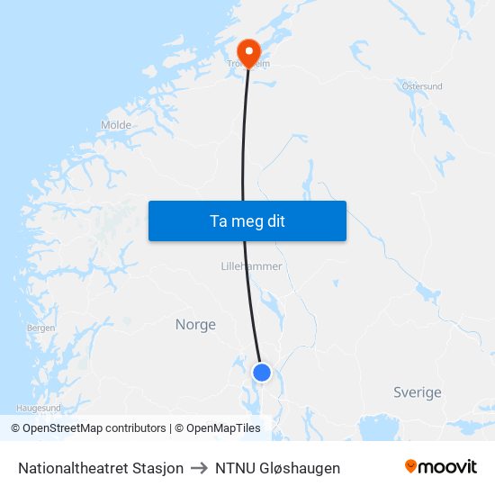Nationaltheatret Stasjon to NTNU Gløshaugen map