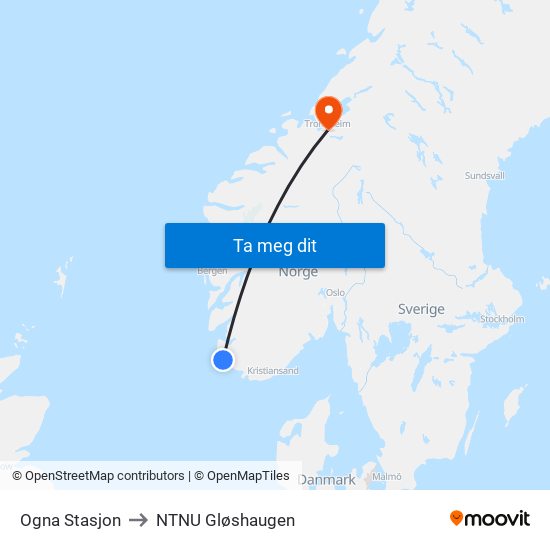 Ogna Stasjon to NTNU Gløshaugen map