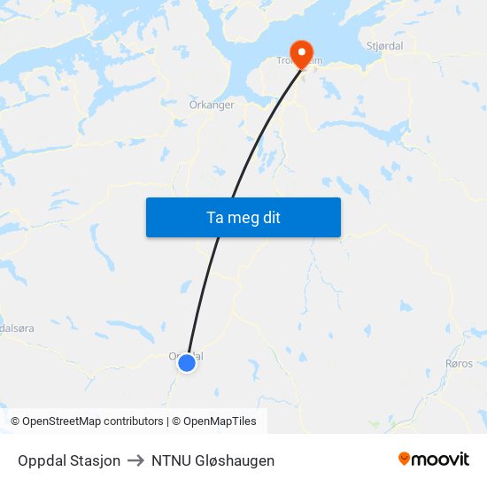 Oppdal Stasjon to NTNU Gløshaugen map