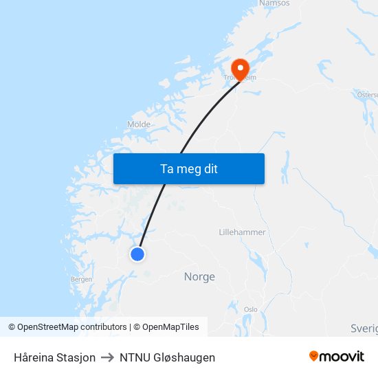 Håreina Stasjon to NTNU Gløshaugen map
