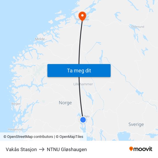 Vakås Stasjon to NTNU Gløshaugen map