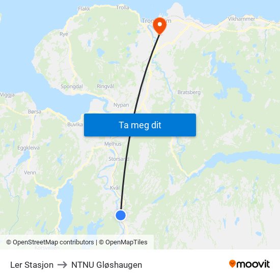 Ler Stasjon to NTNU Gløshaugen map