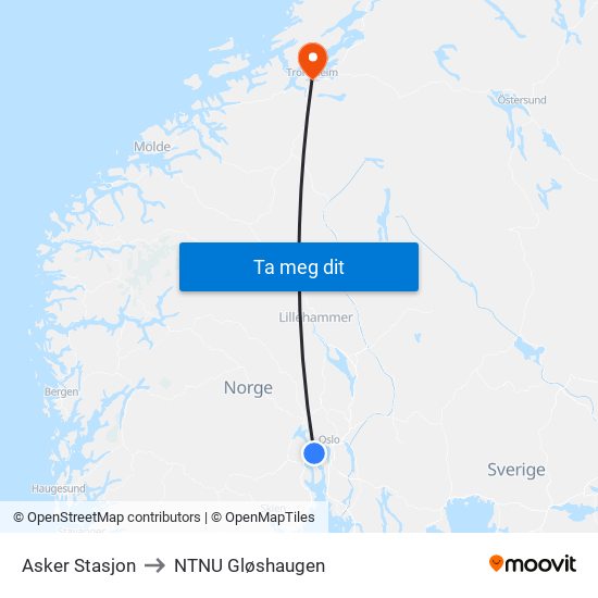 Asker Stasjon to NTNU Gløshaugen map