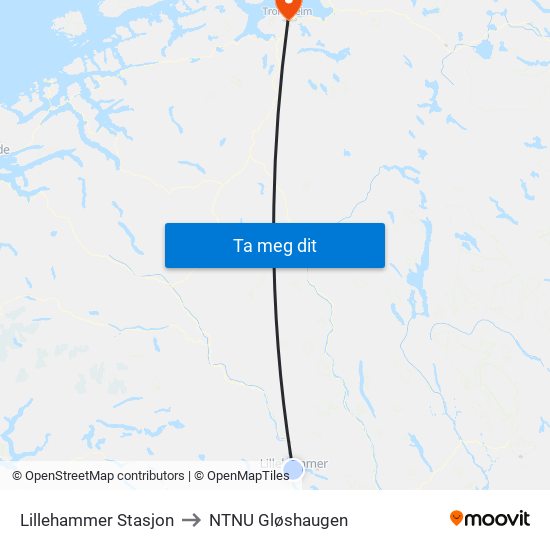 Lillehammer Stasjon to NTNU Gløshaugen map