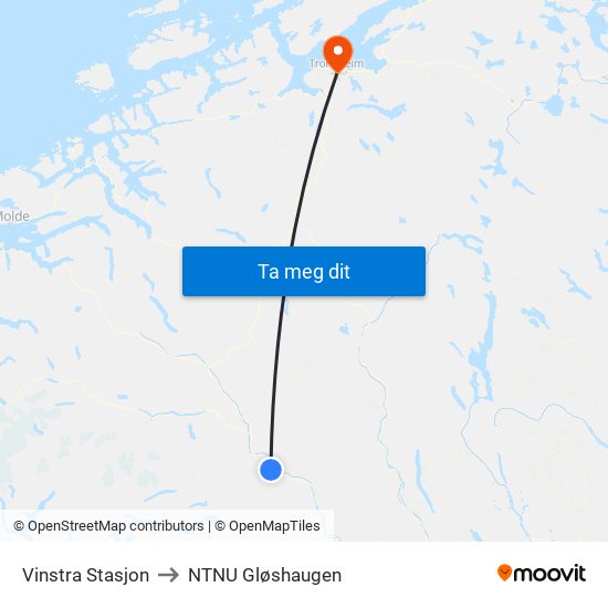 Vinstra Stasjon to NTNU Gløshaugen map