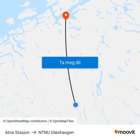 Atna Stasjon to NTNU Gløshaugen map