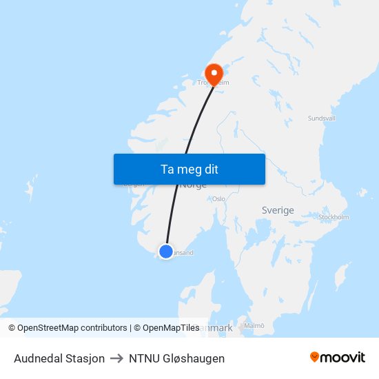 Audnedal Stasjon to NTNU Gløshaugen map