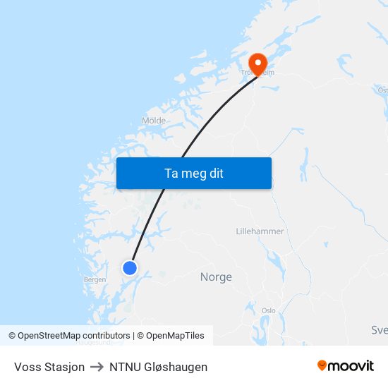 Voss Stasjon to NTNU Gløshaugen map