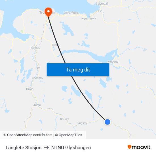 Langlete Stasjon to NTNU Gløshaugen map