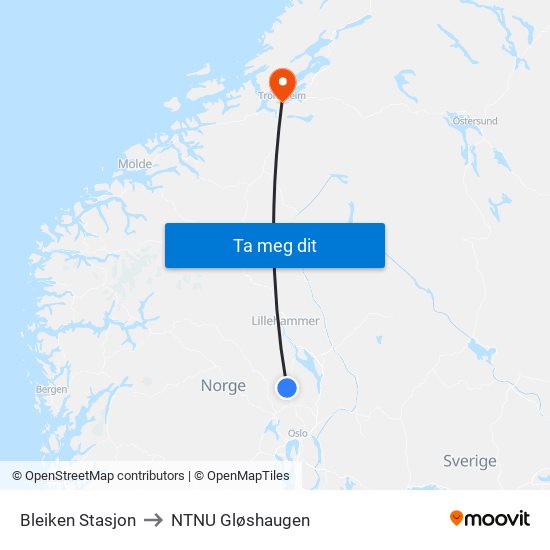 Bleiken Stasjon to NTNU Gløshaugen map