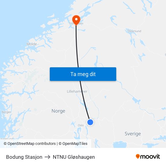 Bodung Stasjon to NTNU Gløshaugen map