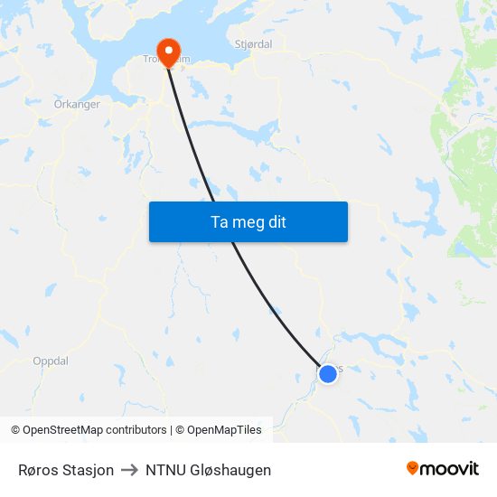 Røros Stasjon to NTNU Gløshaugen map