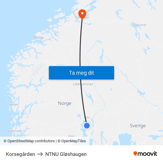 Korsegården to NTNU Gløshaugen map