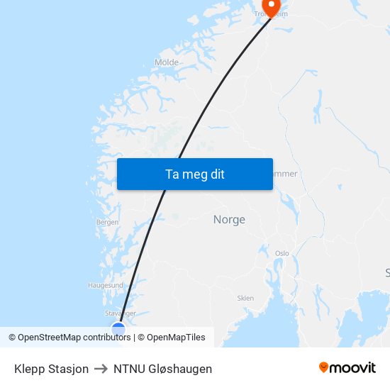 Klepp Stasjon to NTNU Gløshaugen map