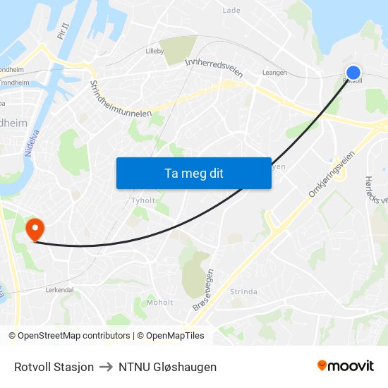 Rotvoll Stasjon to NTNU Gløshaugen map