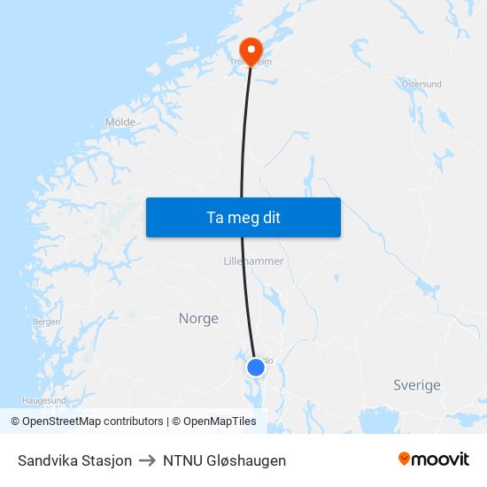 Sandvika Stasjon to NTNU Gløshaugen map
