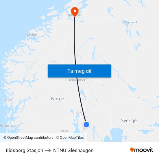 Eidsberg Stasjon to NTNU Gløshaugen map