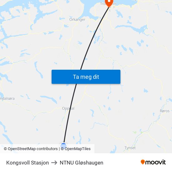 Kongsvoll Stasjon to NTNU Gløshaugen map