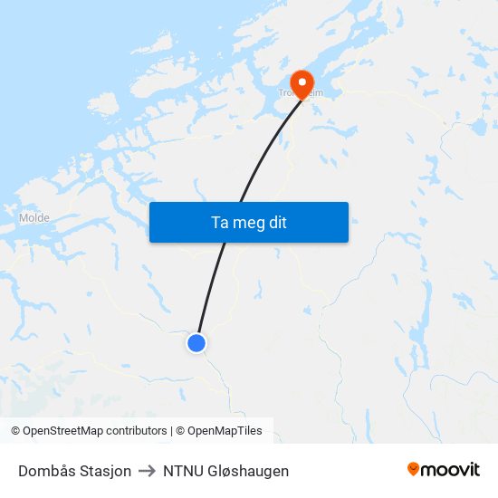 Dombås Stasjon to NTNU Gløshaugen map