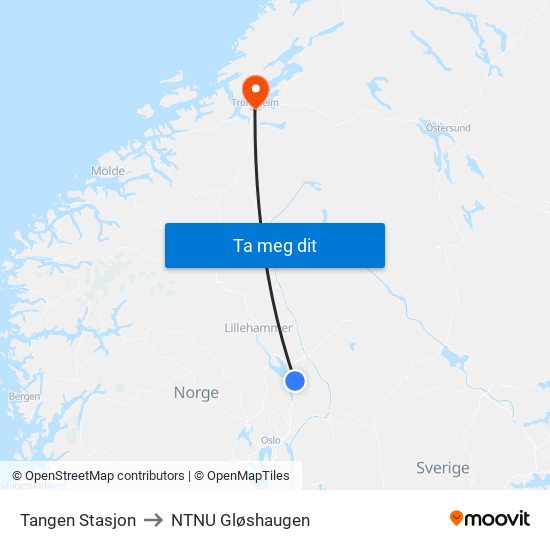 Tangen Stasjon to NTNU Gløshaugen map