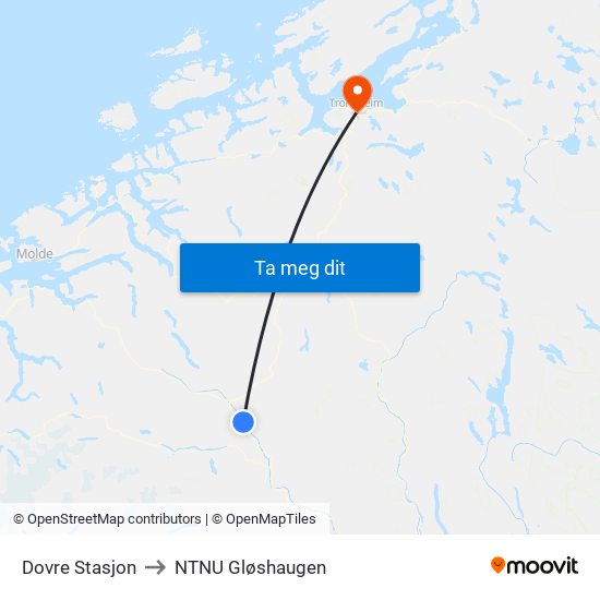 Dovre Stasjon to NTNU Gløshaugen map