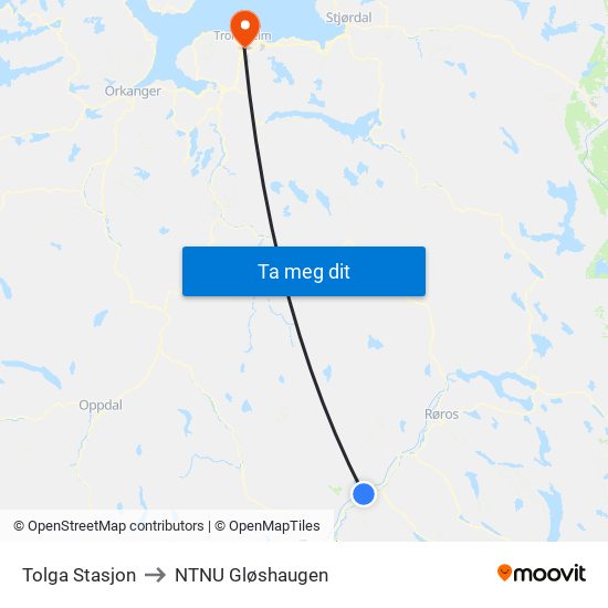 Tolga Stasjon to NTNU Gløshaugen map