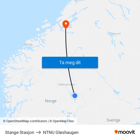 Stange Stasjon to NTNU Gløshaugen map