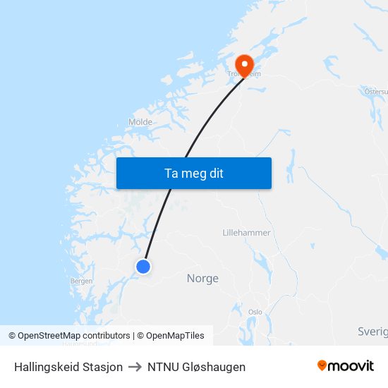 Hallingskeid Stasjon to NTNU Gløshaugen map