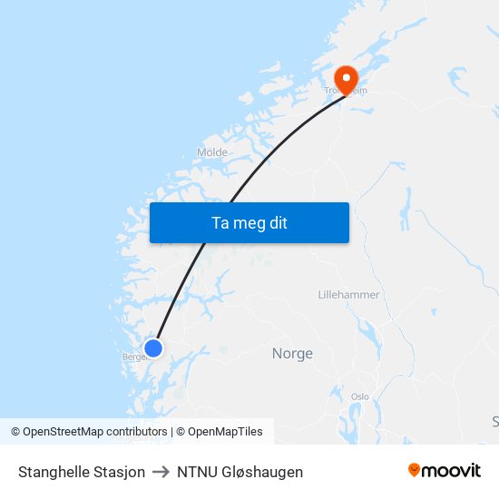 Stanghelle Stasjon to NTNU Gløshaugen map