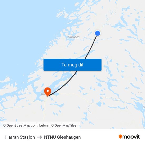 Harran Stasjon to NTNU Gløshaugen map