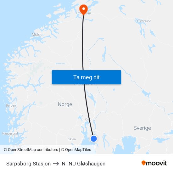 Sarpsborg Stasjon to NTNU Gløshaugen map