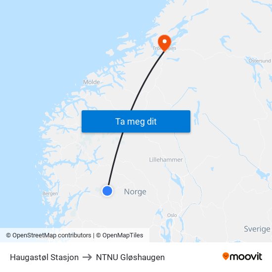 Haugastøl Stasjon to NTNU Gløshaugen map