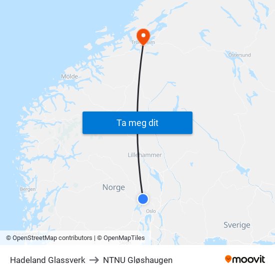 Hadeland Glassverk to NTNU Gløshaugen map