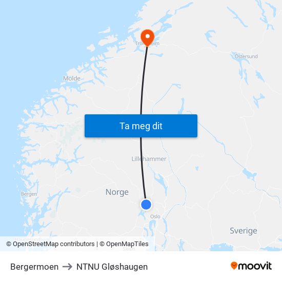 Bergermoen to NTNU Gløshaugen map